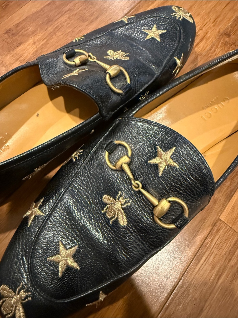 Gucci Black Leather Horsebit Loafers with Gold Star & Bee Embroidery